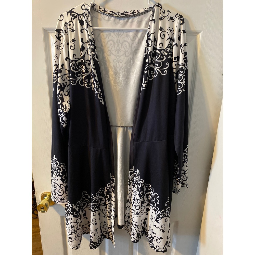 Black White Damask Scroll Open Front Cardigan Long Sleeve Plus Size 3XL